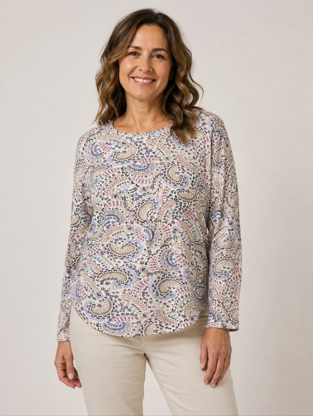 Philosophy White Blue Paisley Knit Pullover Blouse Round Neck Long Sleeve 1X